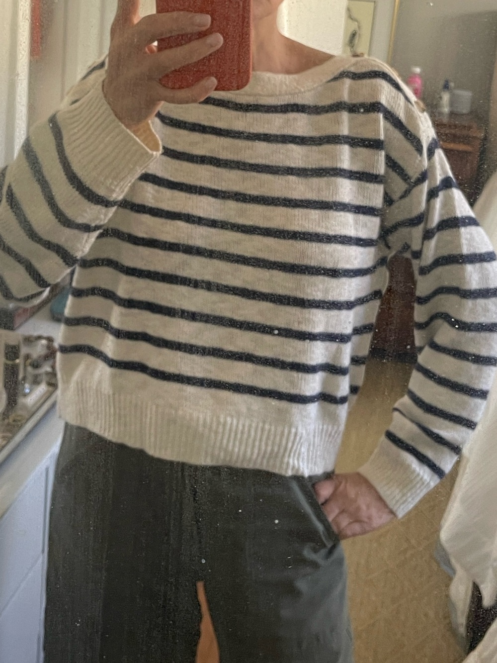 Striped Crewneck Button-Shoulder Sweater in Cream and Navy